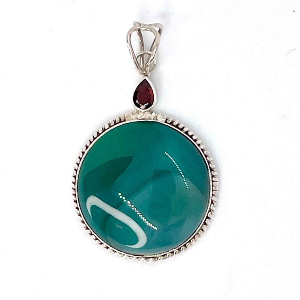 Semi-Opaque Blue Green Round Chalcedony Pendant with created Garnet in Silver